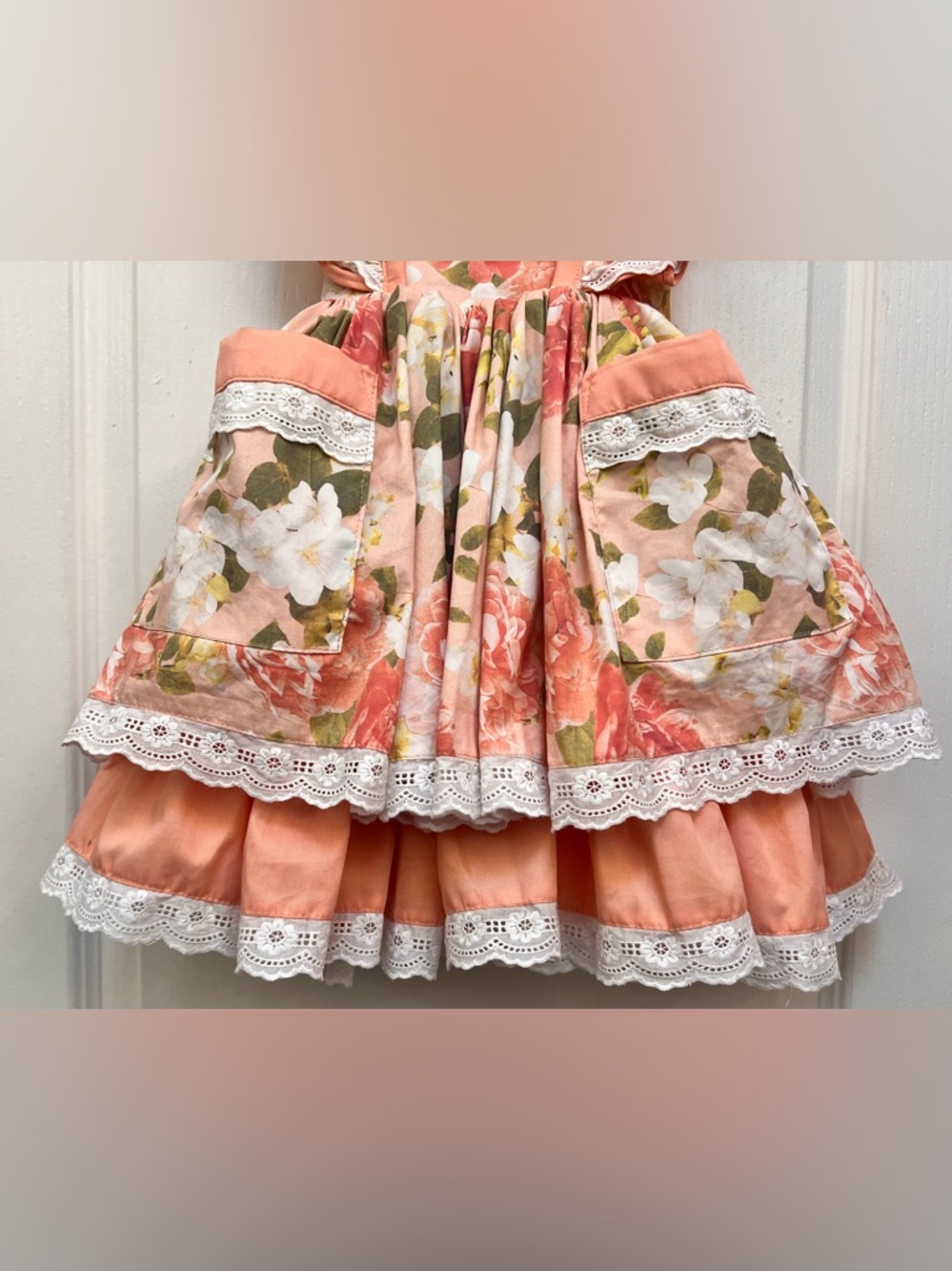 Monika Studio Girls Floral Ruffle Pinafore Dress - Peach/Coral  Floral Size 4 T - Picture 6 of 13